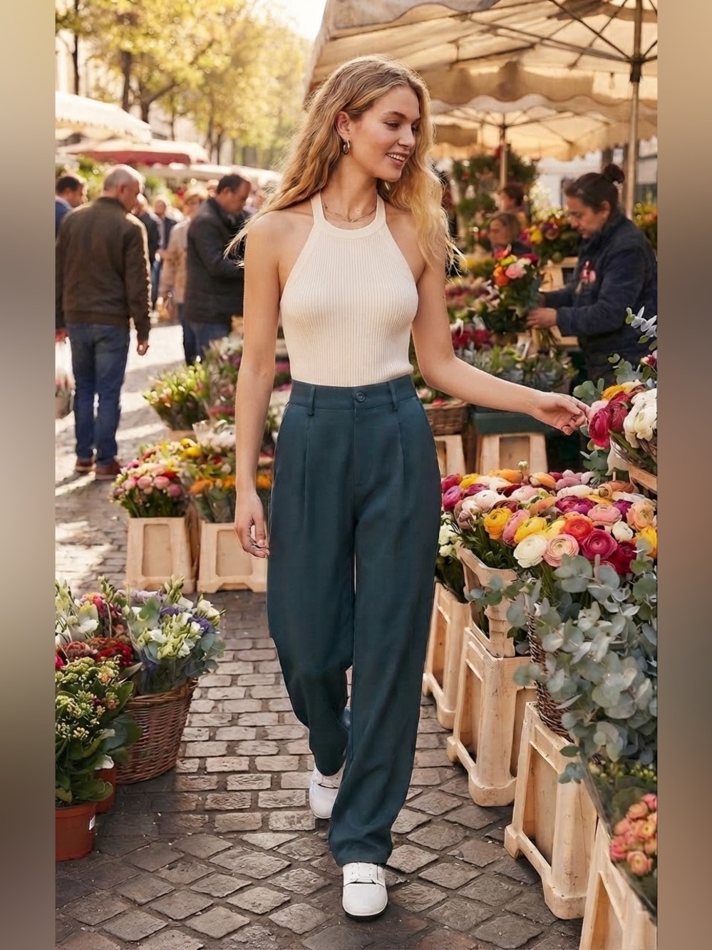 Urban Outfitters High Waist Pants Helena Pleated Wide Leg Teal, Size Small